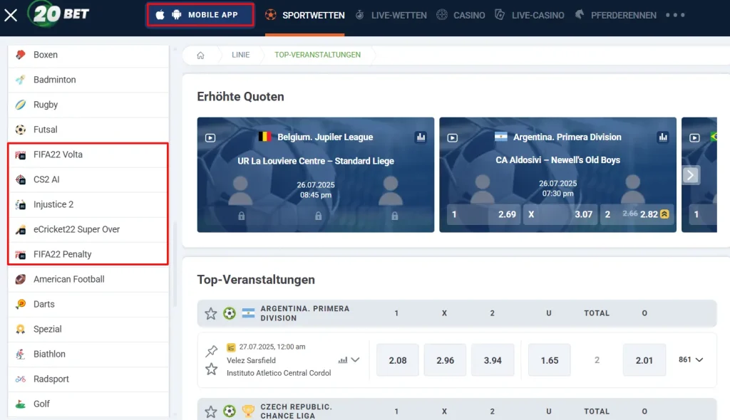 Angebot vom Schweizer Wettanbieter 20Bet für Tippspieler