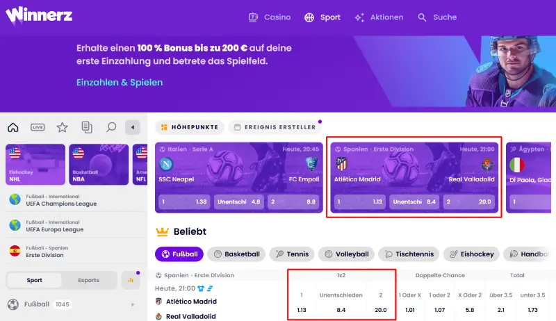 Screenshot der Startseite des Wettanbieters Winnerz mit einem Schnellzugriff auf 1X2 Wetten