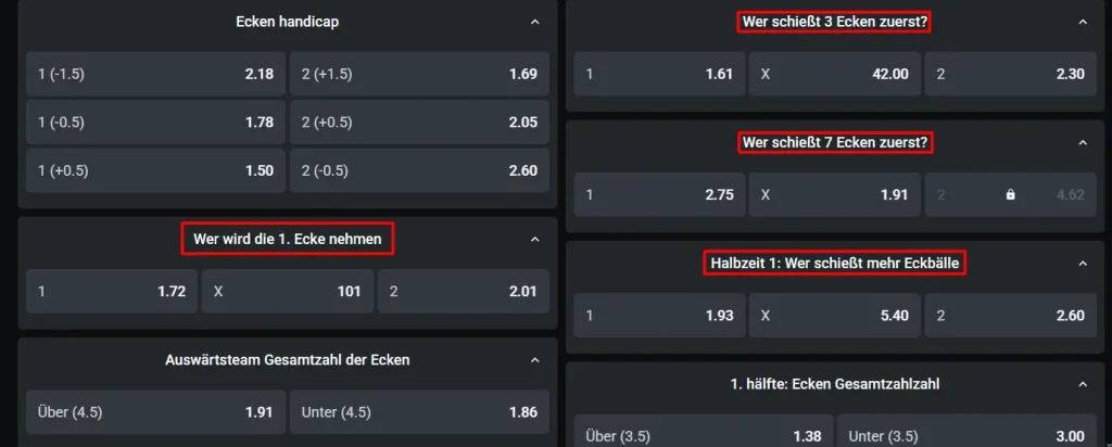 Screenshot vom großen Wettangebot auf verschiedenste 1X2 Ecken Wetten bei Leonbet