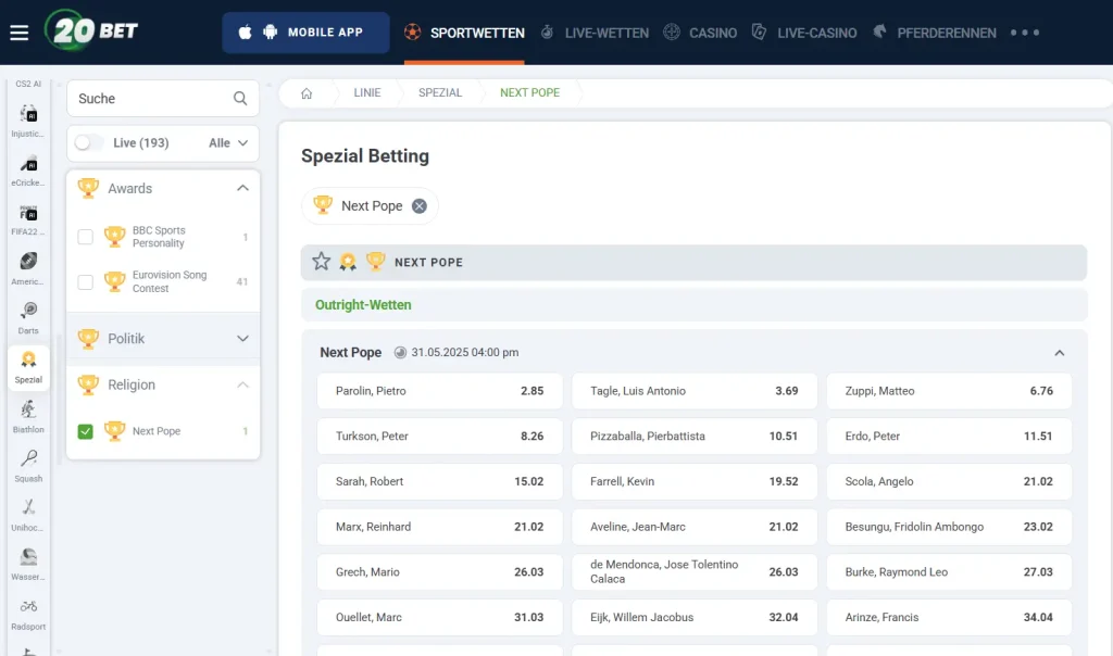 Screenshot vom Angebot für Nächster Papst Wetten beim Buchmacher 20bet