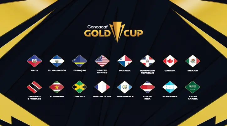 Foto mit den Flaggen und Namen der Teilnehmer des Gold Cups 2025