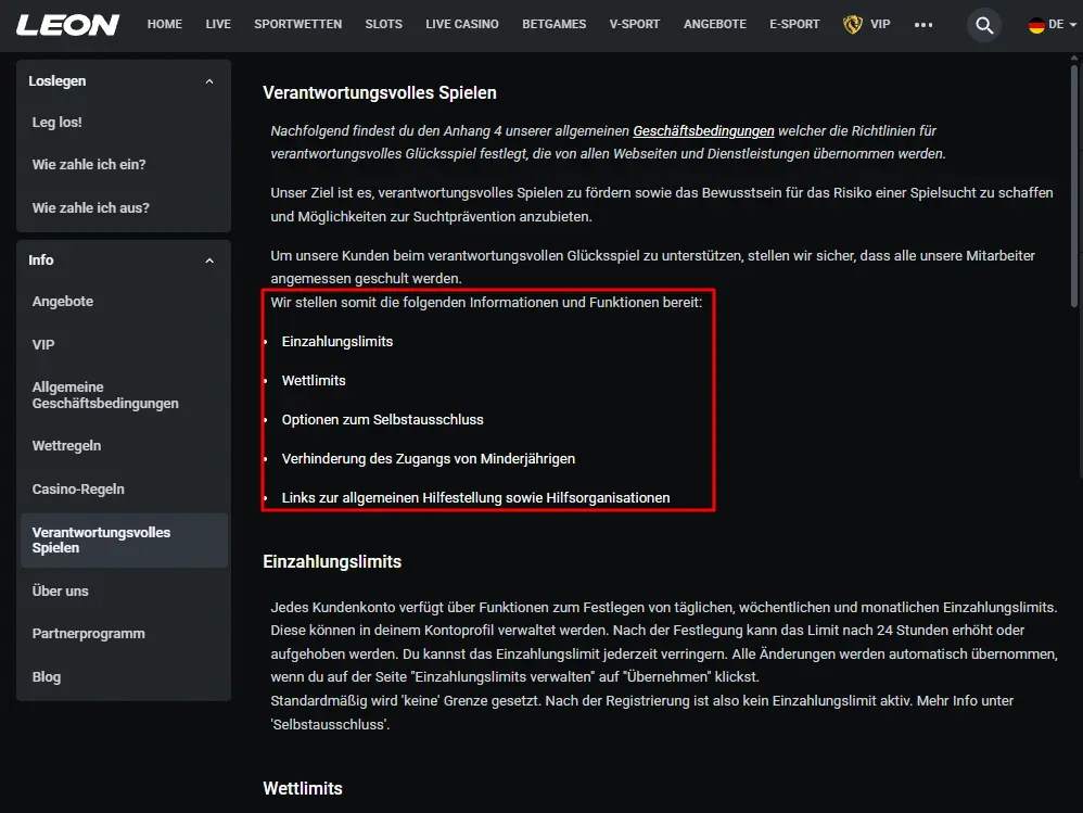 Screenshot der Maßnahmen zum Spielerschutz beim Curacao Wettanbieter Leonbet