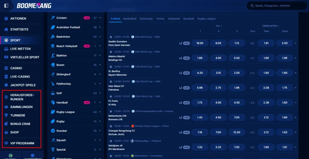 Auswahl an Sportwetten und Gamification beim Wettanbieter Schweiz Boomerangbet