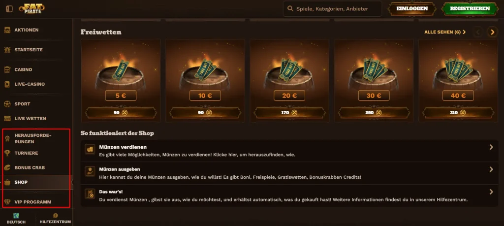 Herausforderungen, Turniere, Bonus Crab und weitere Gamification-Angebote beim Wettanbieter FatPirate