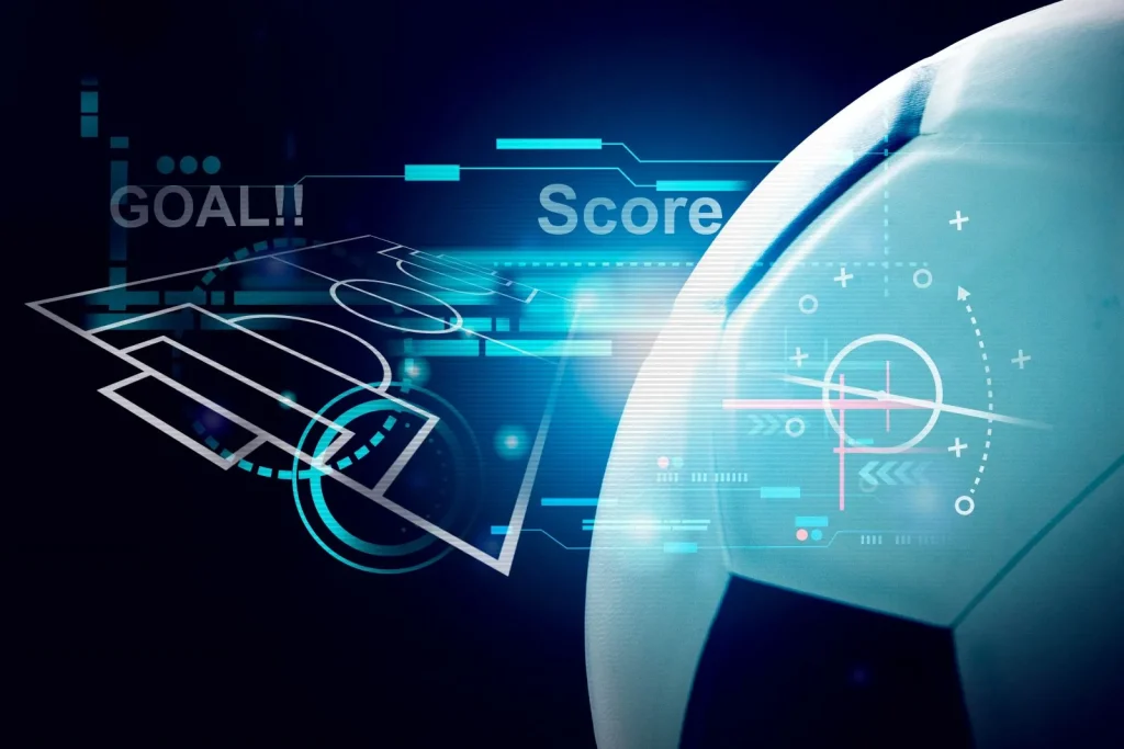 Fußball und im Hintergrund eine Taktiktafel und verschiedene Statistiken