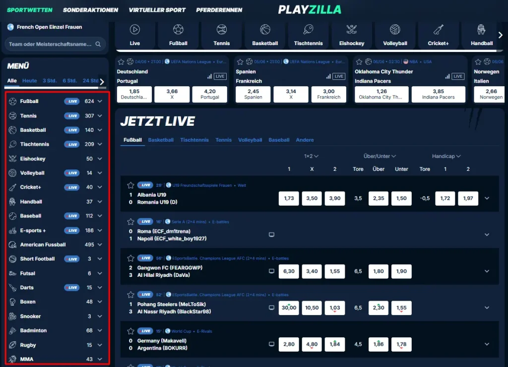 Einblick ins Wettangebot von PlayZilla für Sportwetten mit hohen Einsätzen