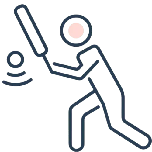 Icon Cricketball wird geschlagen von Figur mit Cricketschläger