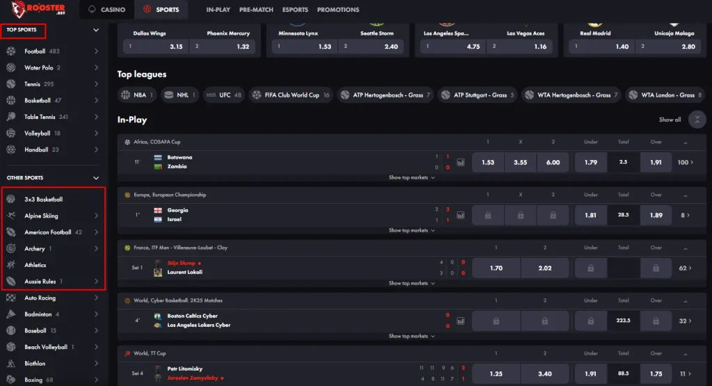 Einblick ins Wettprogramm von Online Wettanbieter Roosterbet, dem Buchmacher mit den meisten Wett-Sportarten