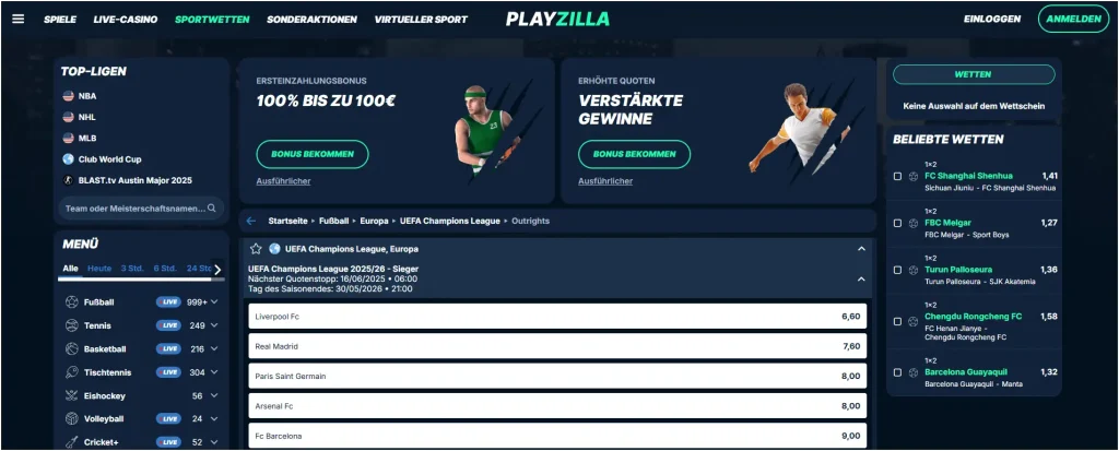 PlayZillas Landingpage für die Championsleague