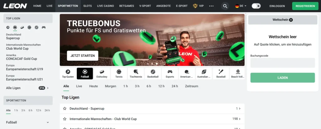 Landing Page bei Leonbet im Light Mode