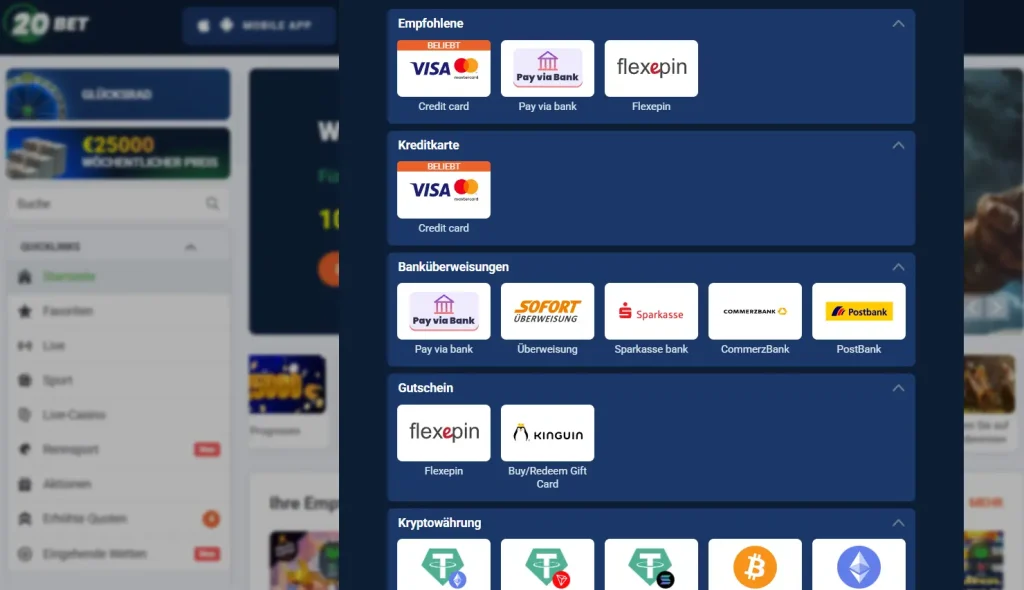 Einzahlungsoptionen für Online Sportwetten Schweiz bei 20Bet