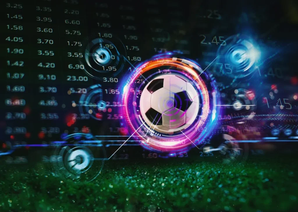 Fußball mit kryptischen Zahlen drumherum und dahinter Wettquoten als Zeichen für Wettanbieter mit Paysafecard