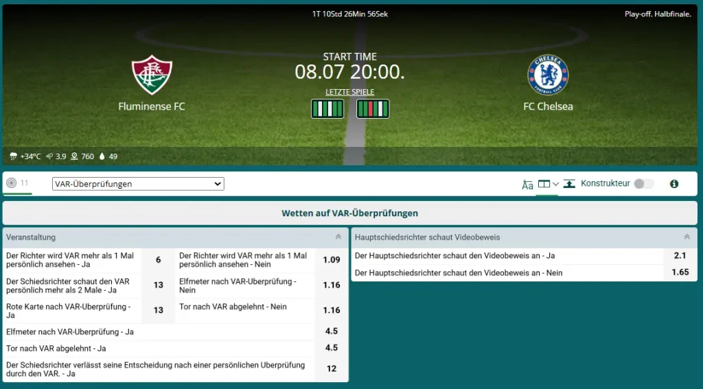 Spezialwetten auf den Eingriff des VAR beim Wettanbieter 22bet