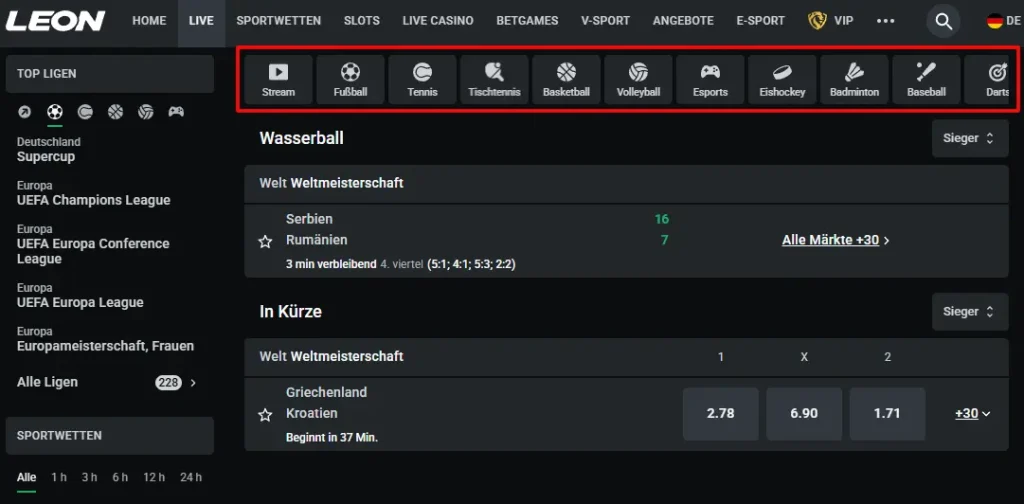 Angebot für Livewetten beim Wettanbieter Leonbet
