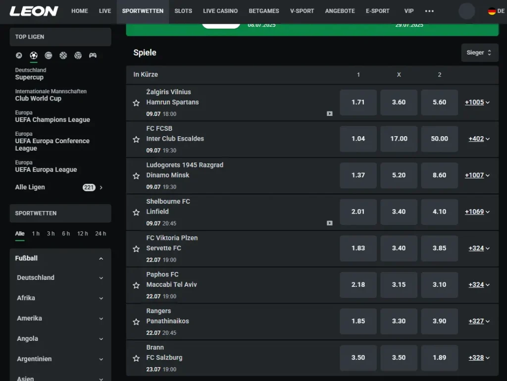 Angebot für Champions League Qualifikation Wetten bei Leonbet