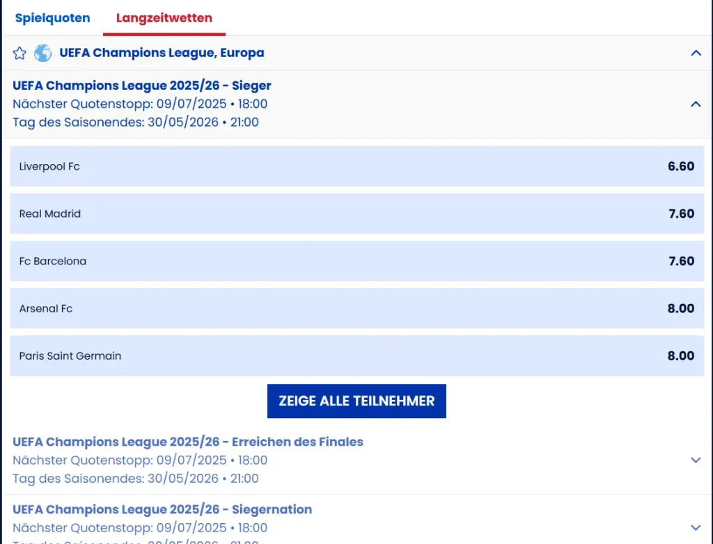 Angebot an Champions League Saisonwetten beim Wettanbieter BetNFlix