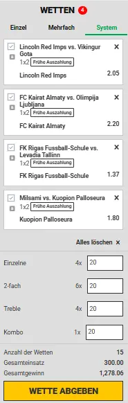 Wettrechner zur Systemwette Lucky15 bei BetsAmigo