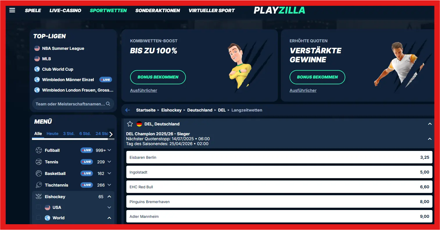 Verfügbare Eishockeywetten beim Sportwettenanbieter PlayZilla