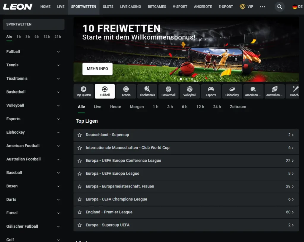 Großes Wettangebot für professionelle Sportwetten beim Wettanbieter Leonbet