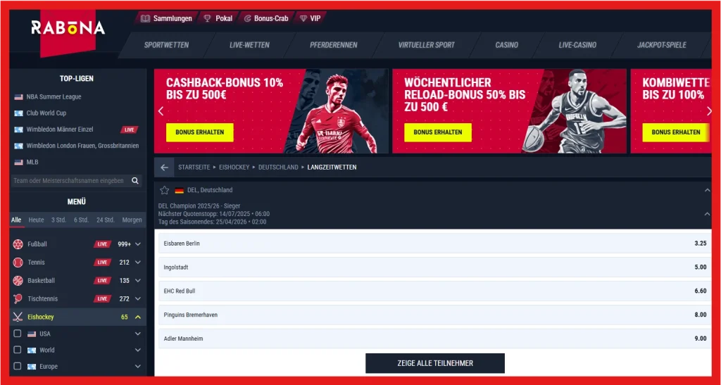 Verfügbare Eishockeywetten beim Sportwettenanbieter Rabona