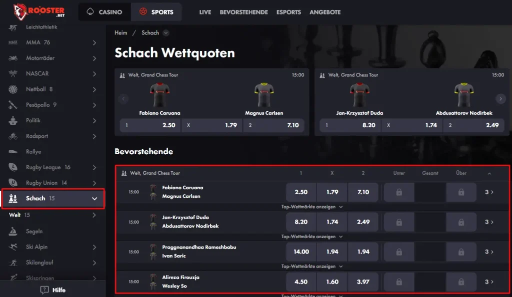 Schach Sportwetten bei Roosterbet als einem der besten Schachwettanbieter