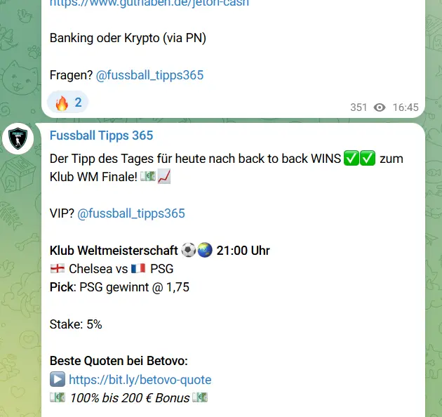 Beispiel für Telegram Wett Tipps im Fußball