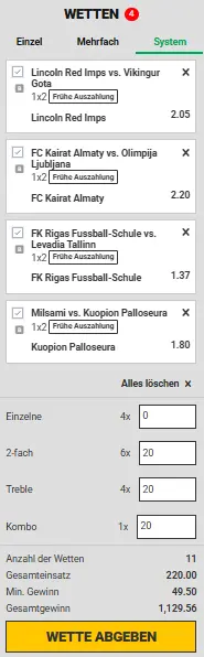 Systemwetten Rechner bei BetsAmigo für die Berechnung einer Yankee Systemwette