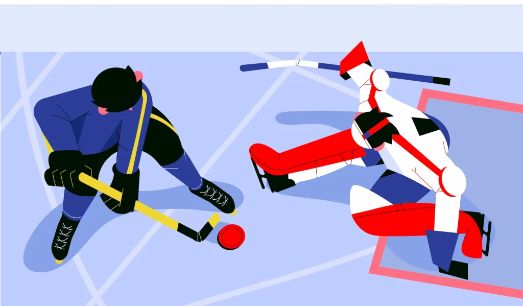 Ein Zweikampf zwischen einem Spieler und Torhüter im Eishockey