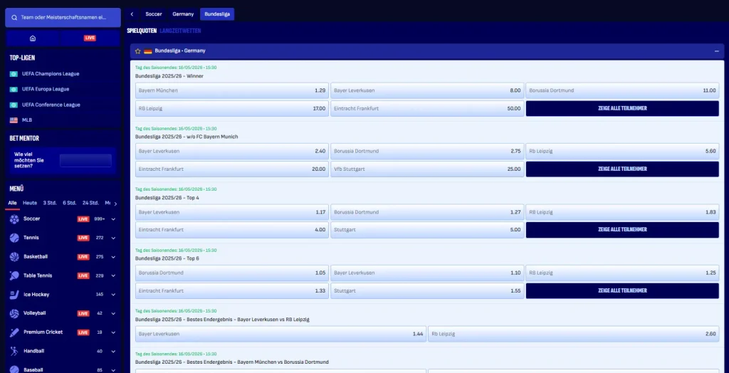 Wettprogramm von Bankonbet ohne Abstieg Wetten Bundesliga