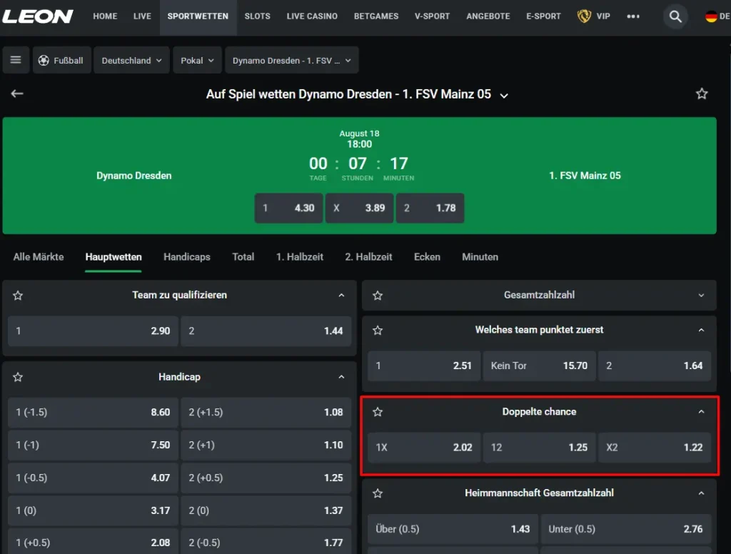 Doppelte Chance Wetten im Fußball beim Wettanbieter Leonbet