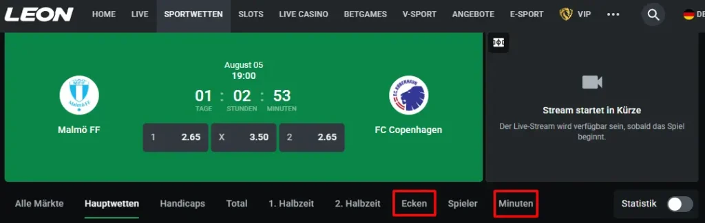Wettangebot für einzelne Spiele beim Wettanbieter Leonbet