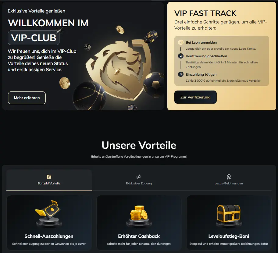 Fast-Track-Option fürs VIP-Programm bei Leobet, einem Wettanbieter ohne Limit
