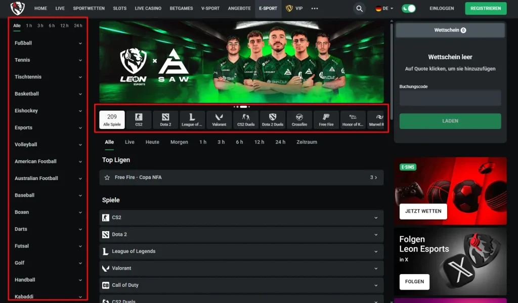 Einblick ins eSports- und generelle Wettangebote von Leonbet