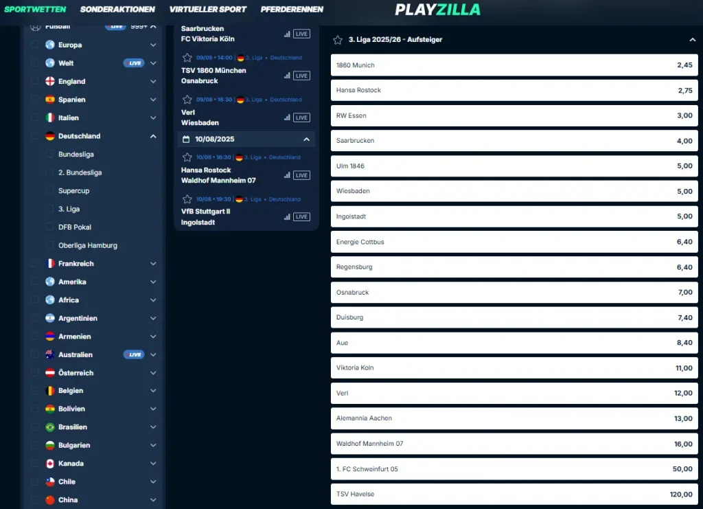 Auswahl an 3. Liga Aufsteiger Wetten beim Buchmacher PlayZilla