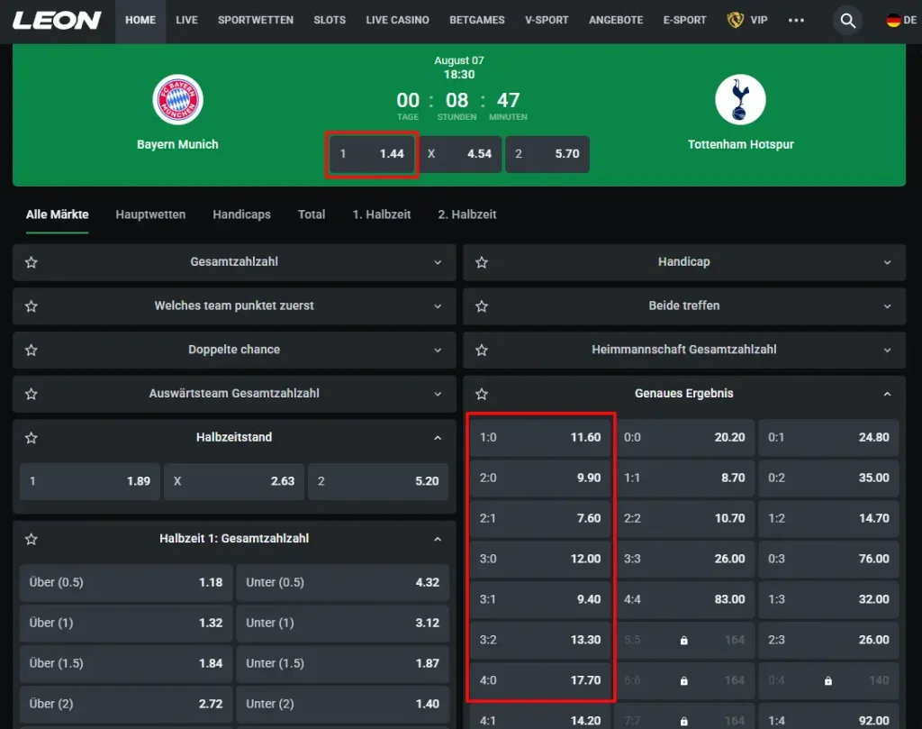 Ausschnitt aus den Wettoptionen von Leonbet beim Spiel von Bayern und Tottenham mit farblich markierten Risiko Wett Tipps