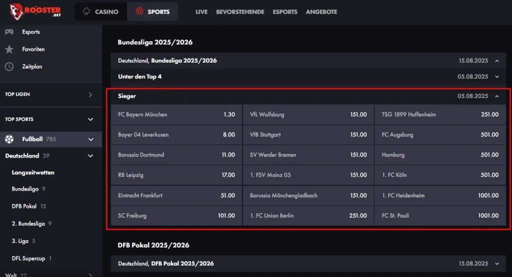 Auswahl an Bundesliga Saisonwetten beim Sportwettenanbieter Roosterbet