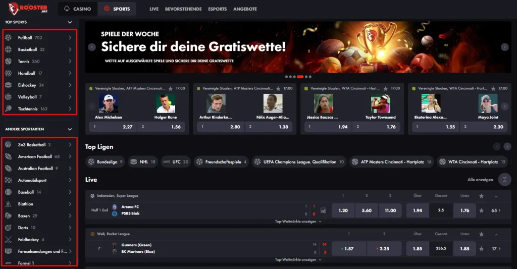 Ausschnitt des Sportwettenangebots für Sportwetten ohne Limit beim Buchmacher Roosterbet