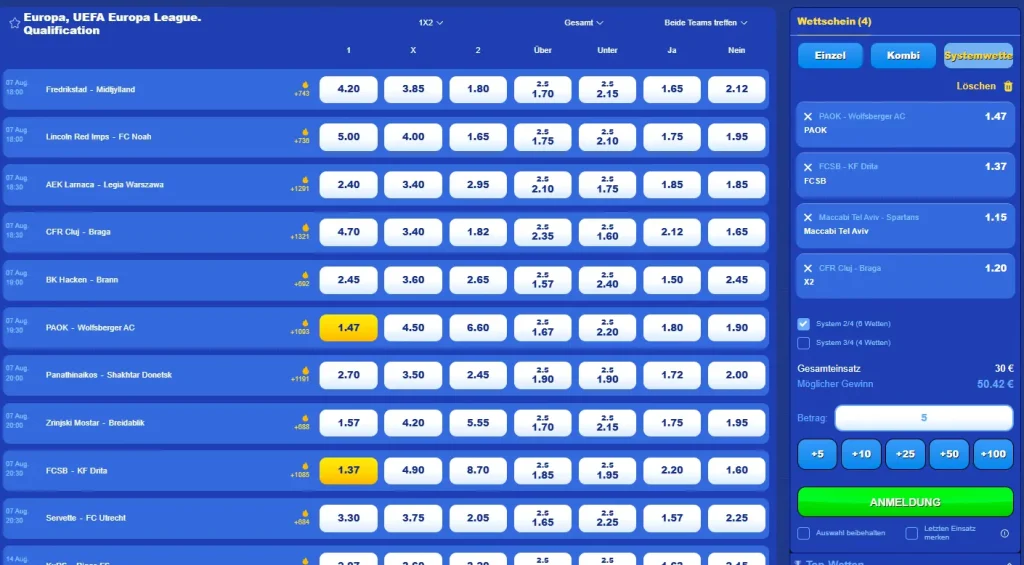 Sichere Fußball Wetten heute in einem Systemschein beim Wettanbieter Pistolo