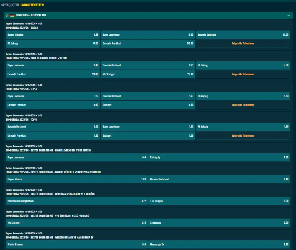 Wettprogramm für Saisonwetten beim Wettanbieter Spinanga ohne Bundesliga Absteiger Wetten