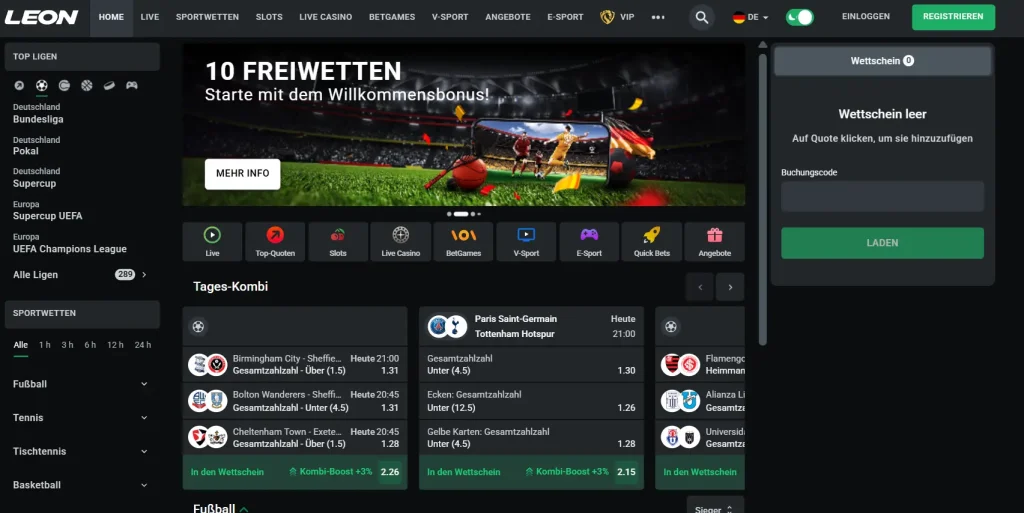 Angebot für Sportwetten ohne Casino beim Buchmacher Leonbet