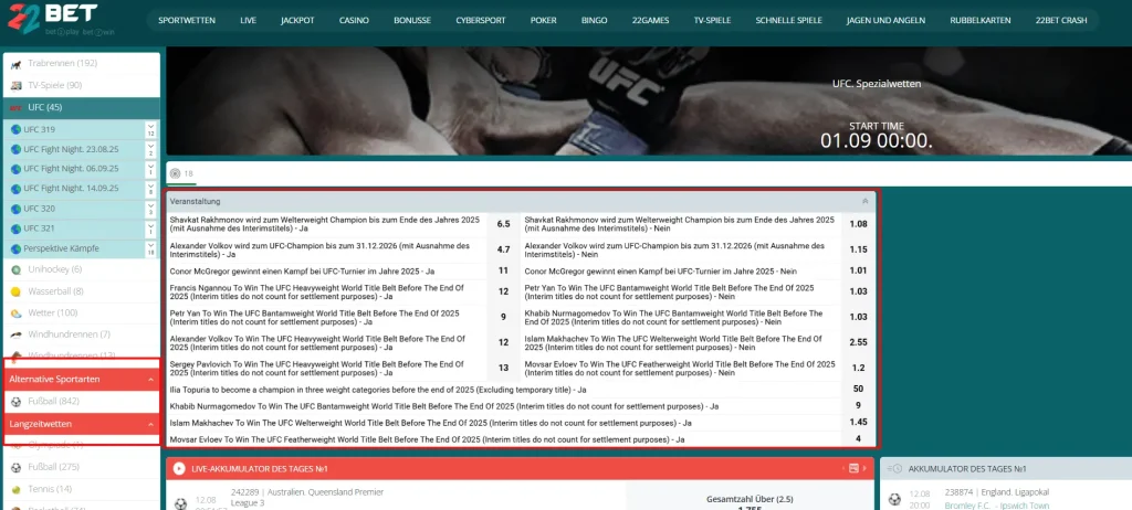 Langfristige UFC Sportwetten beim UFC Wettanbieter 22bet