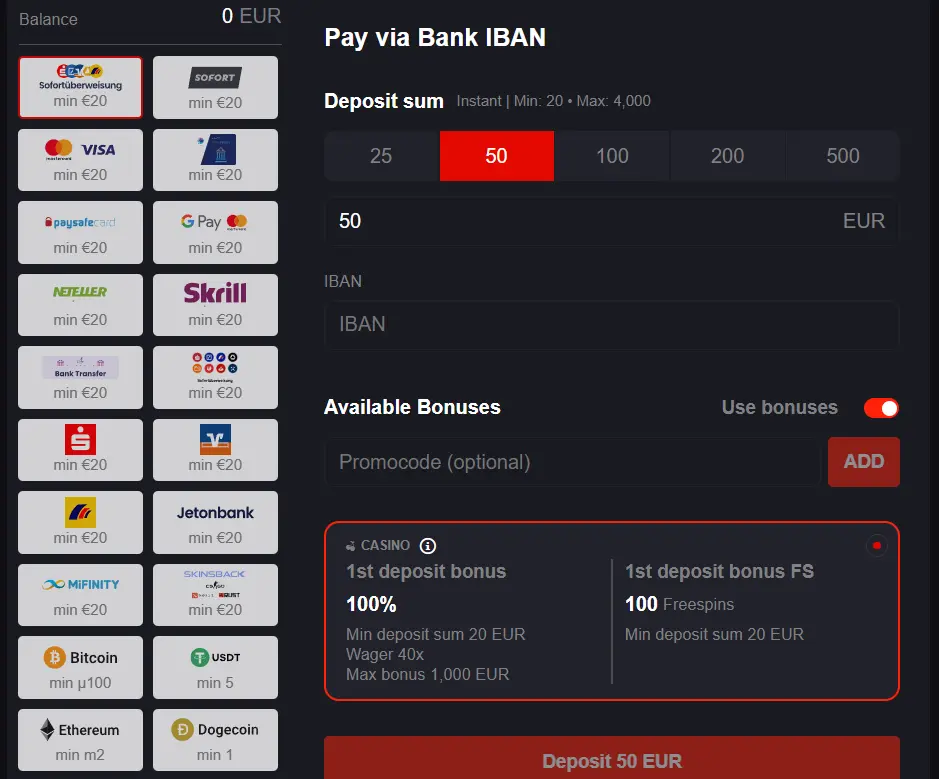 Auswahl an Zahlungsmitteln beim ausländischen Wettanbieter Roosterbet