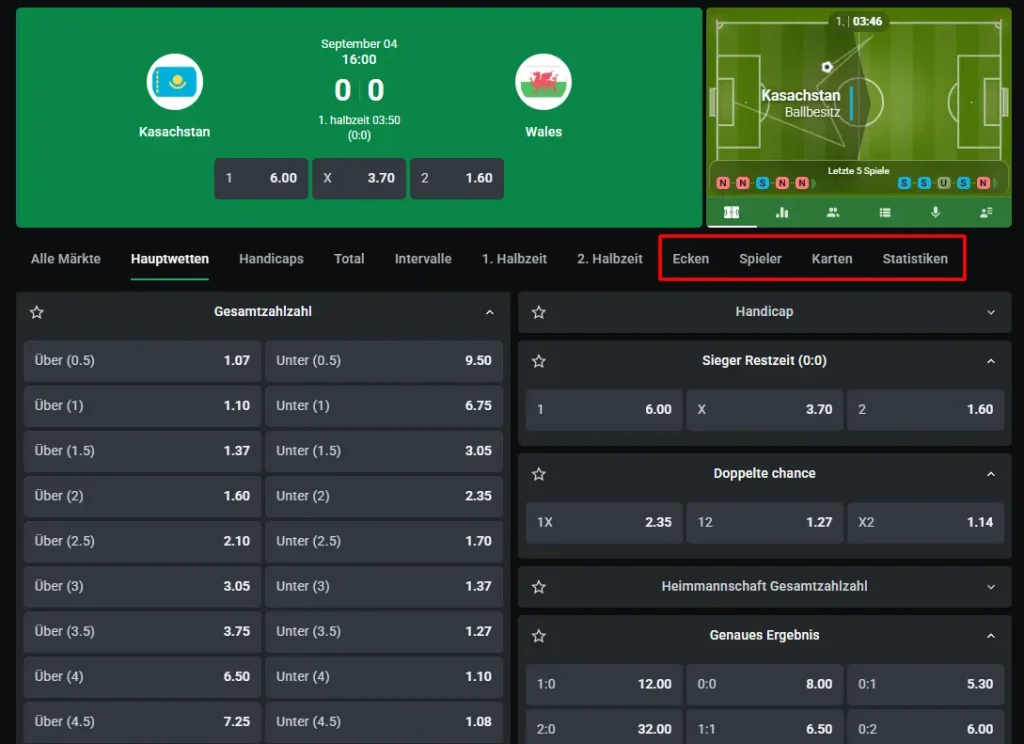 Übersicht über Wettmärkte für Sportwetten aus dem Ausland beim Buchmacher Leonbet