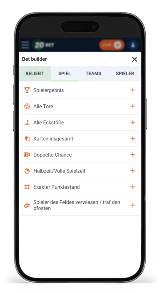 Einblick in die verfuegbaren und seltenen Optionen fuer Wetten mit Wettkonfigurator bei 20bet