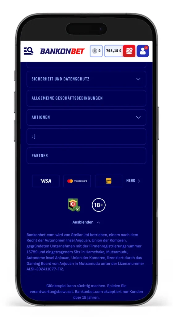 Footer mit Anjouan Lizenz vom Anjouan Wettanbieter Bankonbet