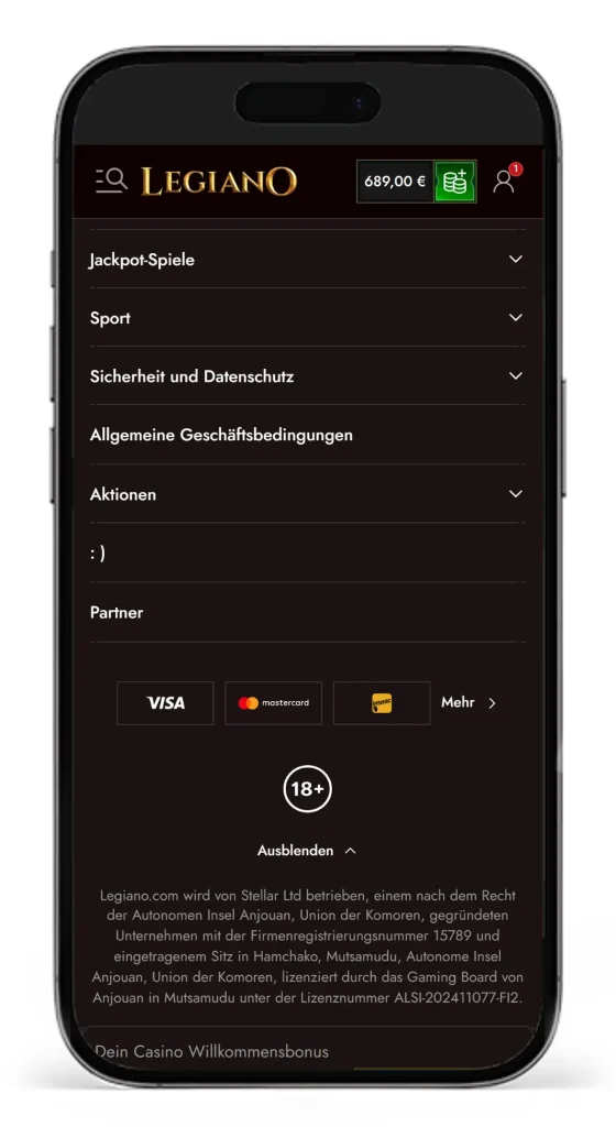 Footer der Website vom Anjouan Wettanbieter Legiano mit Vermerk zur Lizenz