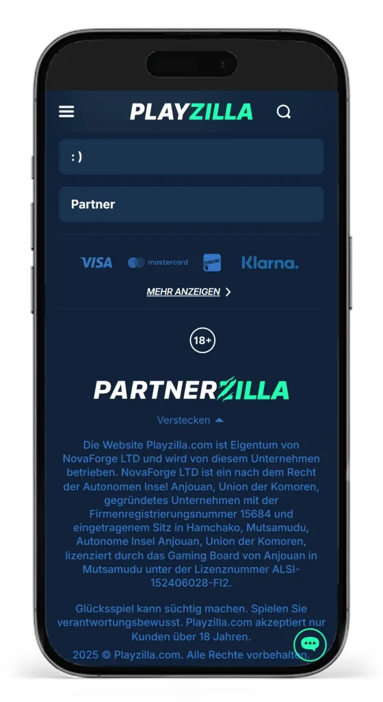 Footer mit Details zur Lizenz vom Anjouan Wettanbieter PlayZilla