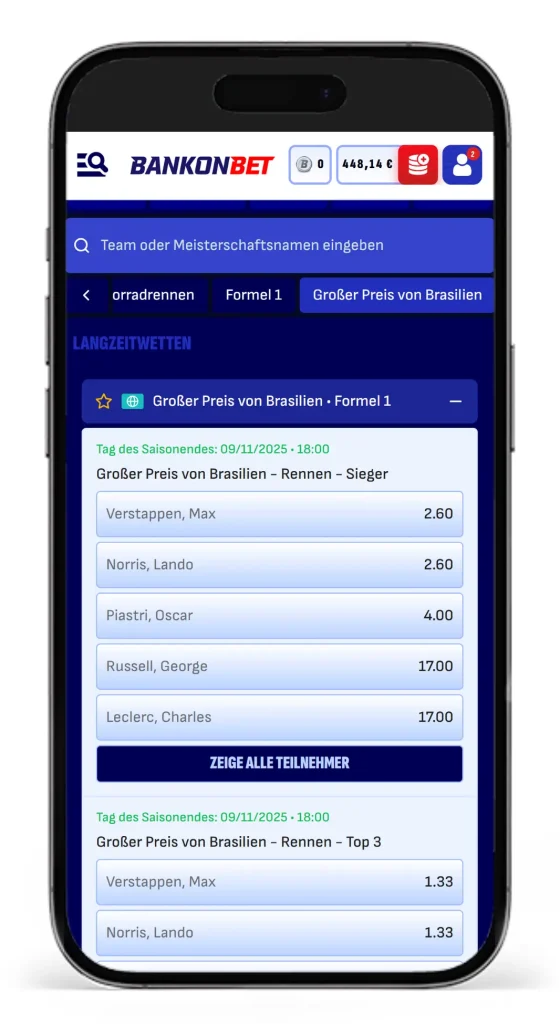 Einblick in das Wettangebot und die Quoten fuer Formel 1 Wetten bei Bankonbet auf das Rennen Großer Preis von Brasilien