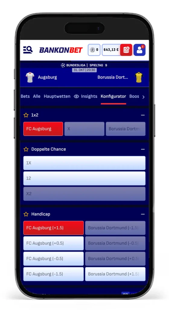 Einblick in die Wettauswahl mit dem Wettkonfigurator von Bankonbet fuer das Bundesliga-Spiel Augsburg gegen Dortmund