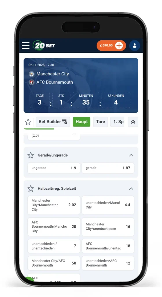 Ungerade Gerade Wetten auf das Fussballspiel Manchester City gegen AFC Bournemouth bei 20Bet